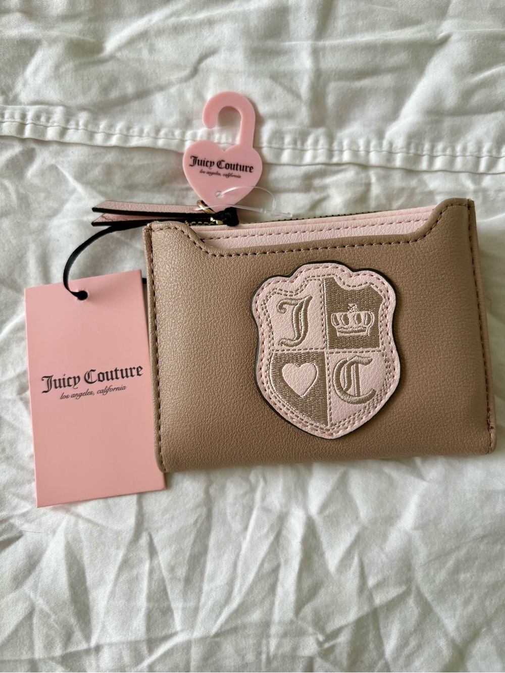 Juicy Couture Taupe Wallet with Pink Trim & Crest Patch